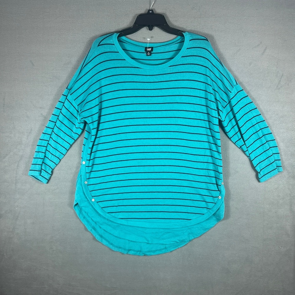 Lee Womens Top XL Turquoise Striped Relaxed 3/4 Sleeve Side Button Hem